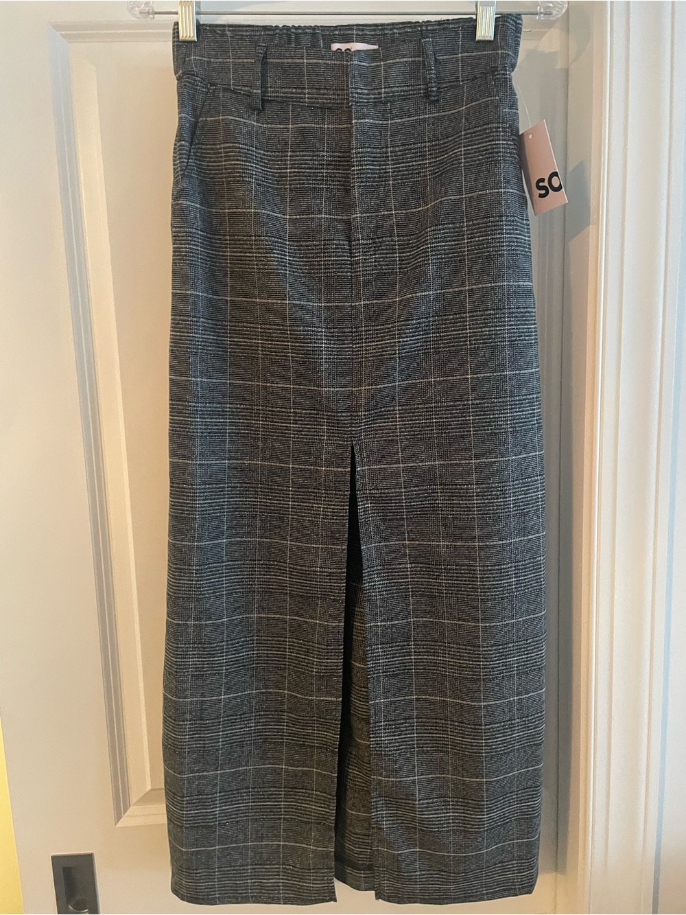 SO Skirt Gray Plaid Front-Slit Midi
